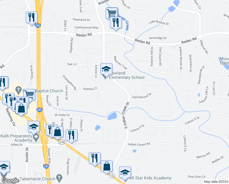 map of restaurants, bars, coffee shops, grocery stores, and more near 1379 South Indian Creek Drive in Stone Mountain
