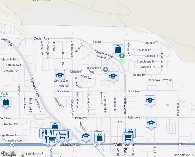 map of restaurants, bars, coffee shops, grocery stores, and more near 25130 East Posey Drive in Hemet