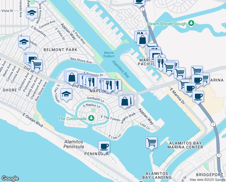 map of restaurants, bars, coffee shops, grocery stores, and more near 5805 2nd Street in Long Beach