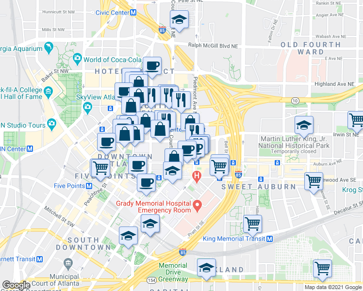map of restaurants, bars, coffee shops, grocery stores, and more near 125 John Wesley Dobbs Avenue Northeast in Atlanta