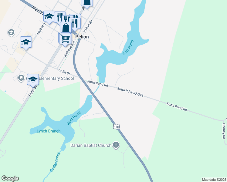 map of restaurants, bars, coffee shops, grocery stores, and more near 935 Fort Ridge Trail in Pelion