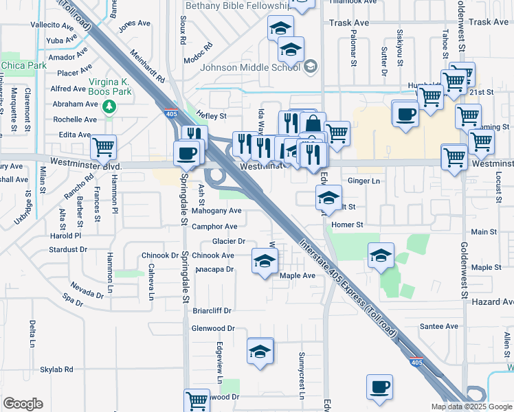 map of restaurants, bars, coffee shops, grocery stores, and more near 6251 Mahogany Avenue in Westminster