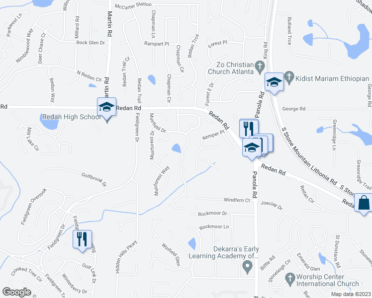 map of restaurants, bars, coffee shops, grocery stores, and more near 1304 Muirfield Drive in Stone Mountain