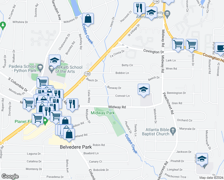map of restaurants, bars, coffee shops, grocery stores, and more near 3203 Bonway Drive in Decatur