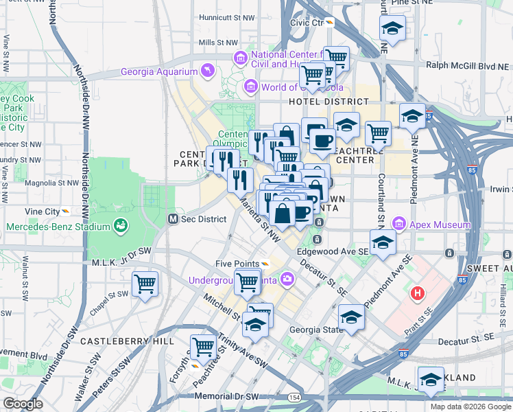 map of restaurants, bars, coffee shops, grocery stores, and more near 101 Marietta Street NorthWest in Atlanta