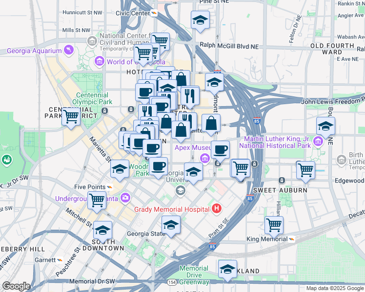 map of restaurants, bars, coffee shops, grocery stores, and more near 75 John Wesley Dobbs Avenue Northeast in Atlanta