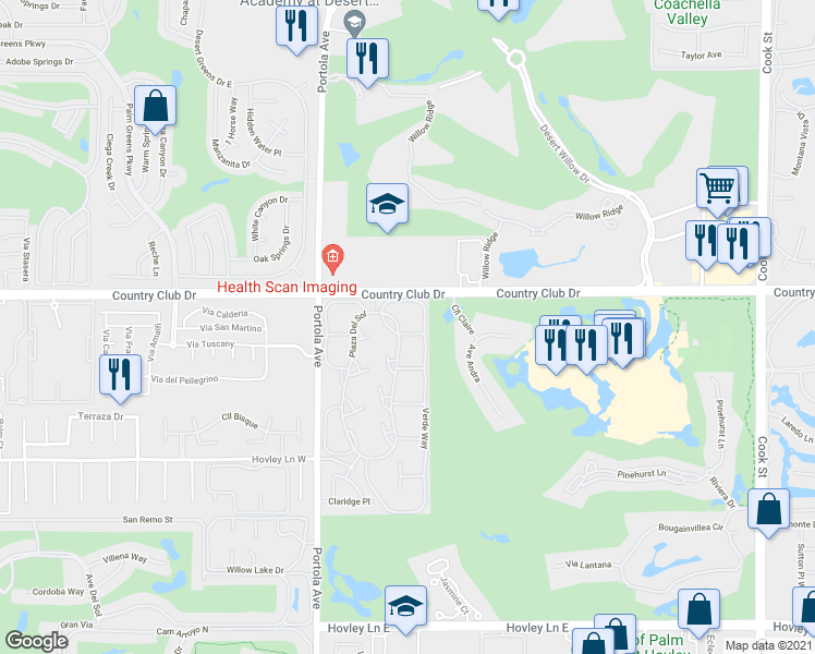 map of restaurants, bars, coffee shops, grocery stores, and more near 4 Hermosillo Lane in Palm Desert
