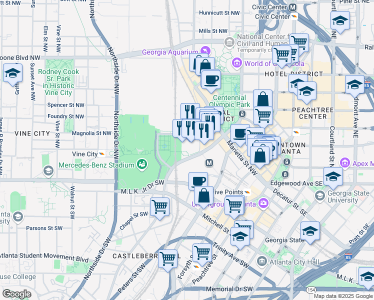 map of restaurants, bars, coffee shops, grocery stores, and more near 100 Techwood Drive Northwest in Atlanta