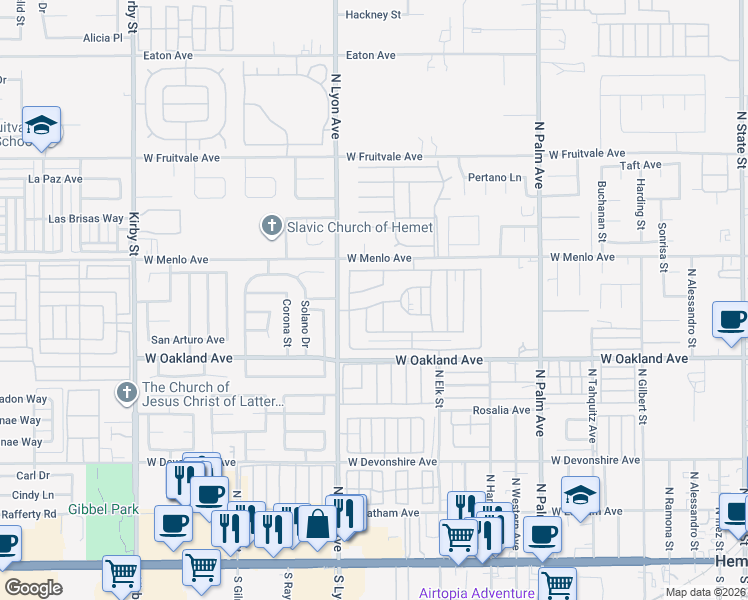 map of restaurants, bars, coffee shops, grocery stores, and more near 1570 San Vicente Drive in Hemet