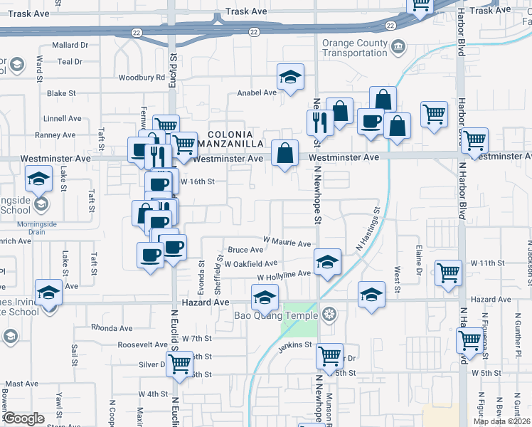 map of restaurants, bars, coffee shops, grocery stores, and more near 1402 North Parsons Place in Santa Ana