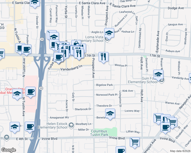 map of restaurants, bars, coffee shops, grocery stores, and more near 17782 Arbolada Way in Tustin