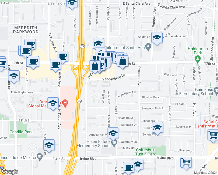 map of restaurants, bars, coffee shops, grocery stores, and more near 17516 Via Calma in Tustin
