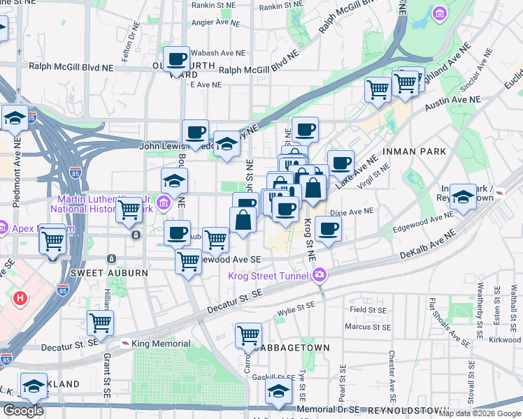 map of restaurants, bars, coffee shops, grocery stores, and more near 601 Irwin Street Northeast in Atlanta