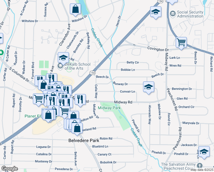 map of restaurants, bars, coffee shops, grocery stores, and more near 3153 Bonway Drive in Decatur