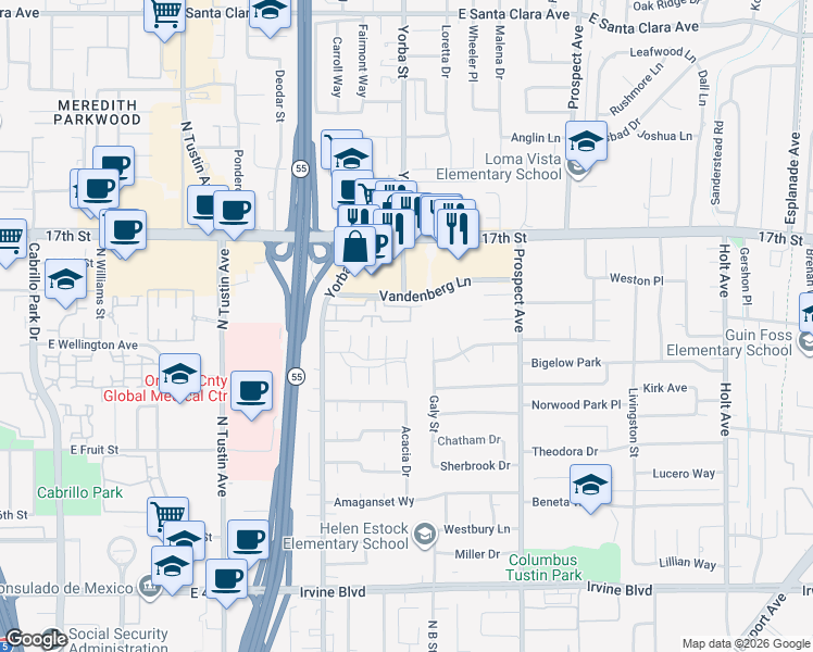 map of restaurants, bars, coffee shops, grocery stores, and more near 17535 Via Lindo in Tustin