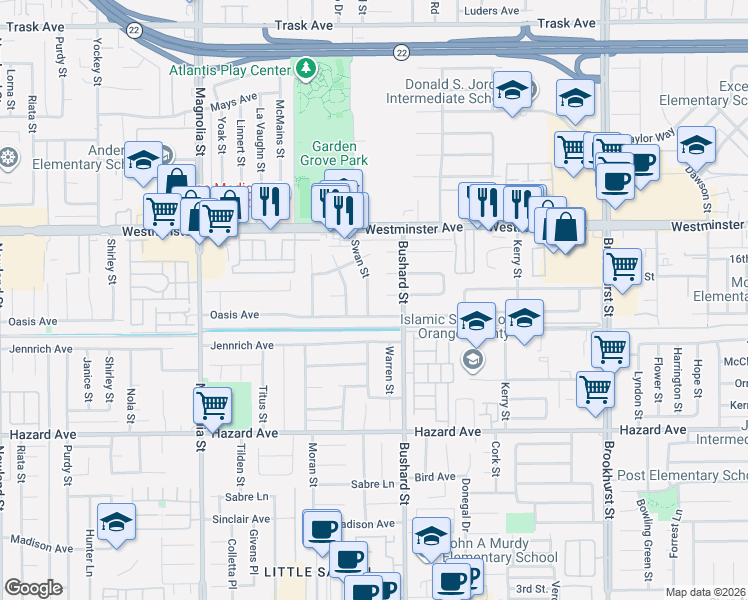 map of restaurants, bars, coffee shops, grocery stores, and more near 14172 Swan Street in Westminster