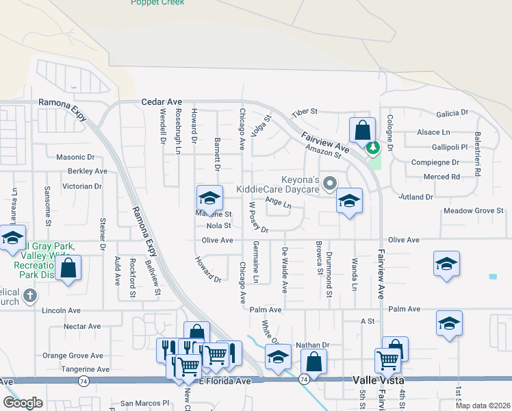 map of restaurants, bars, coffee shops, grocery stores, and more near 25140 West Posey Drive in Hemet