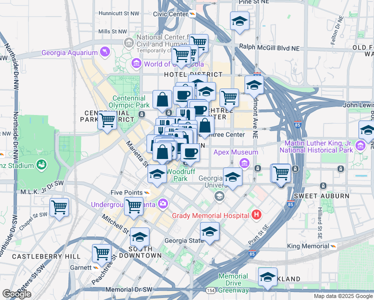 map of restaurants, bars, coffee shops, grocery stores, and more near 127 Peachtree Street Northeast in Atlanta