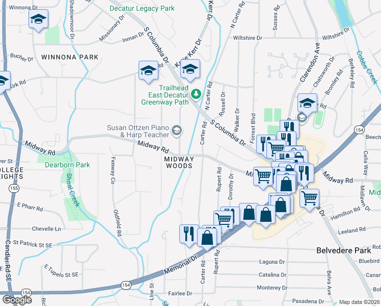 map of restaurants, bars, coffee shops, grocery stores, and more near 2748 Midway Road in Decatur