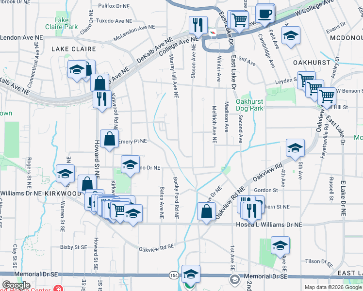 map of restaurants, bars, coffee shops, grocery stores, and more near 159 Murray Hill Avenue Northeast in Atlanta