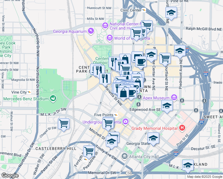 map of restaurants, bars, coffee shops, grocery stores, and more near 140 Walton Street Northwest in Atlanta
