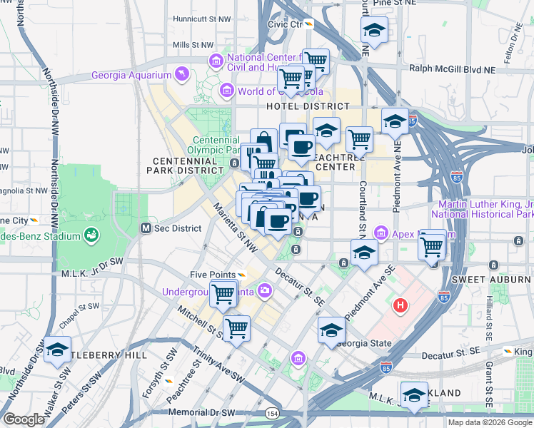 map of restaurants, bars, coffee shops, grocery stores, and more near 85 Poplar Street Northwest in Atlanta