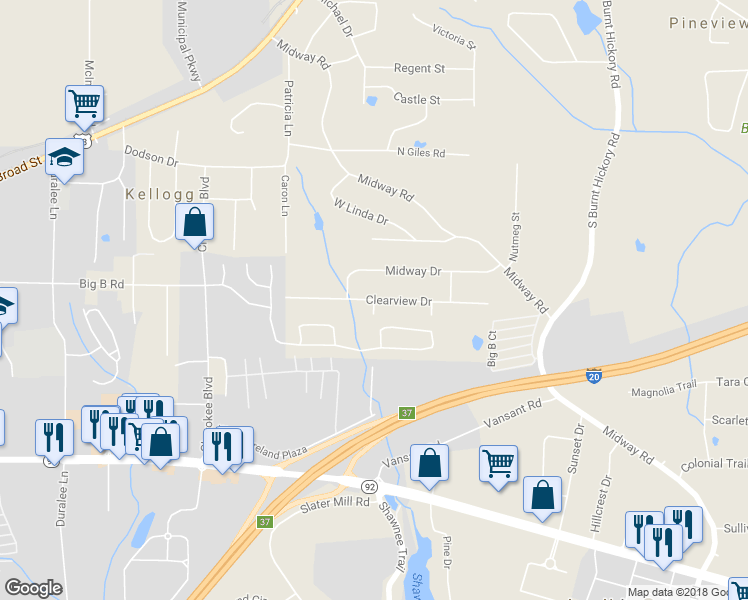 map of restaurants, bars, coffee shops, grocery stores, and more near 4290 Clearview Drive in Douglasville
