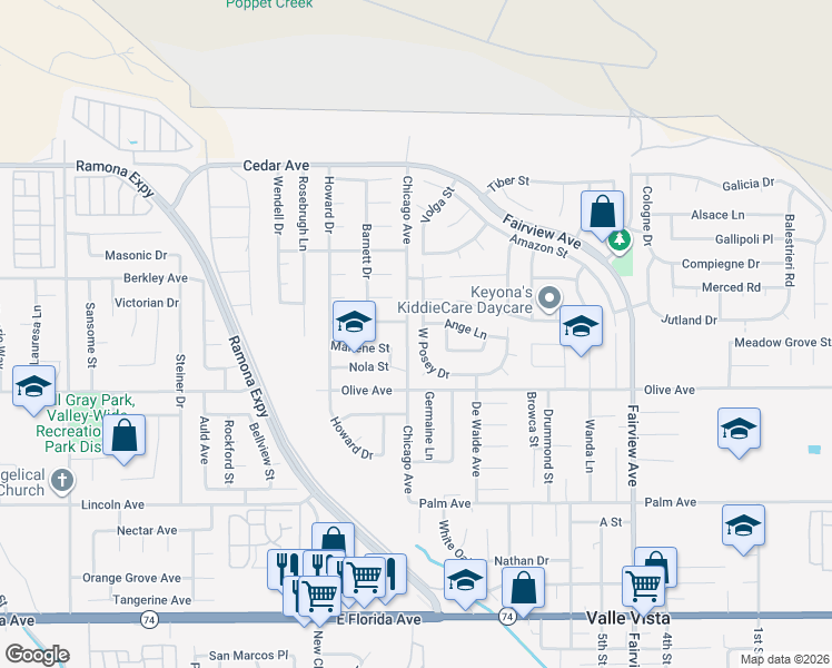 map of restaurants, bars, coffee shops, grocery stores, and more near 25139 West Posey Drive in Hemet