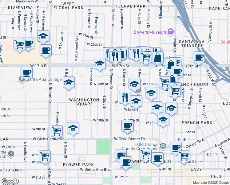 map of restaurants, bars, coffee shops, grocery stores, and more near 1419 North Flower Street in Santa Ana