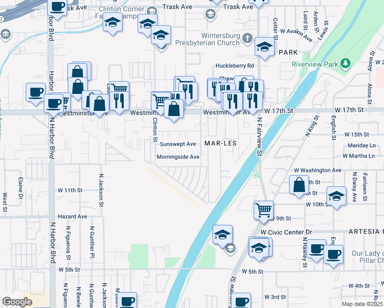map of restaurants, bars, coffee shops, grocery stores, and more near 12652 Sunswept Avenue in Garden Grove