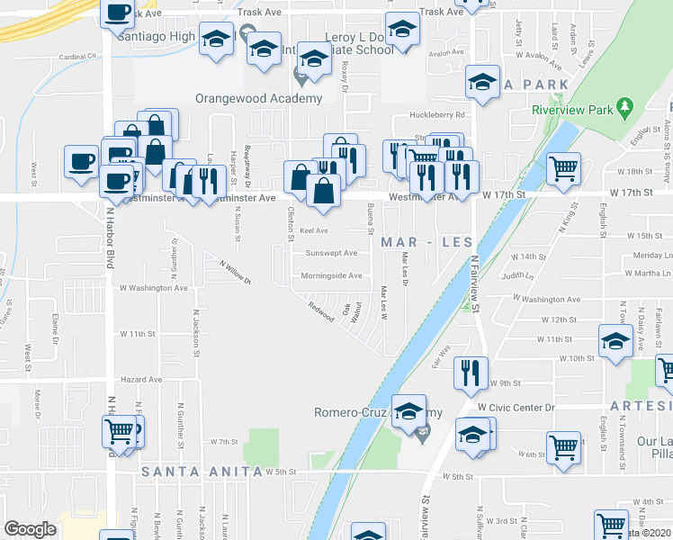 map of restaurants, bars, coffee shops, grocery stores, and more near 12652 Sunswept Avenue in Garden Grove