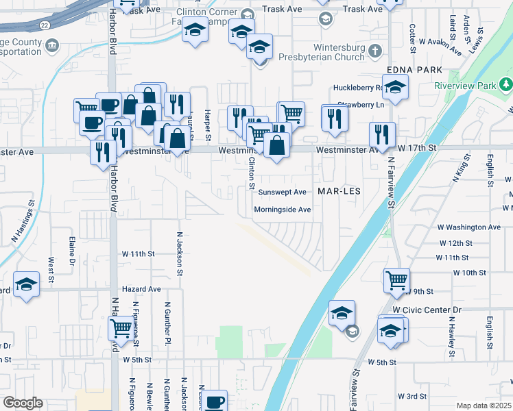 map of restaurants, bars, coffee shops, grocery stores, and more near 1300 Clinton Street in Santa Ana