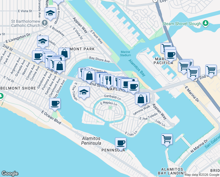 map of restaurants, bars, coffee shops, grocery stores, and more near in Long Beach