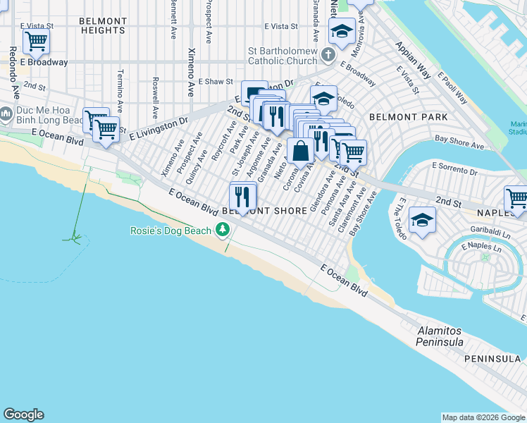 map of restaurants, bars, coffee shops, grocery stores, and more near in Long Beach