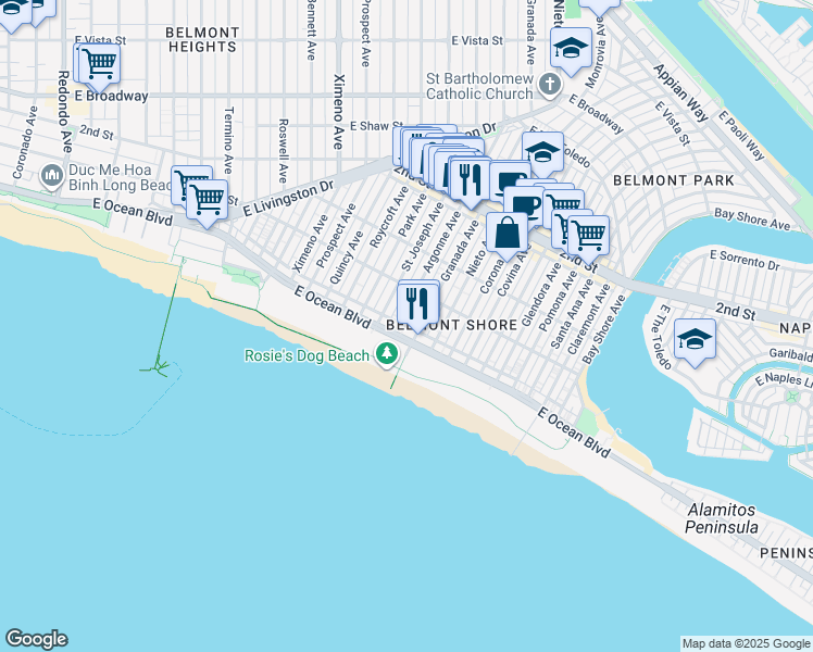 map of restaurants, bars, coffee shops, grocery stores, and more near 60 Argonne Avenue in Long Beach