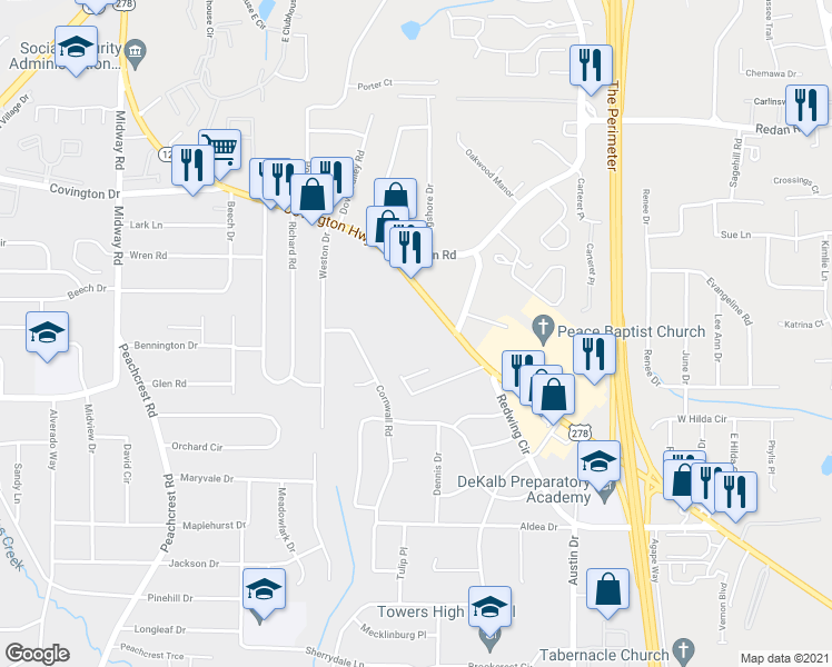 map of restaurants, bars, coffee shops, grocery stores, and more near 3961 Covington Highway in Decatur