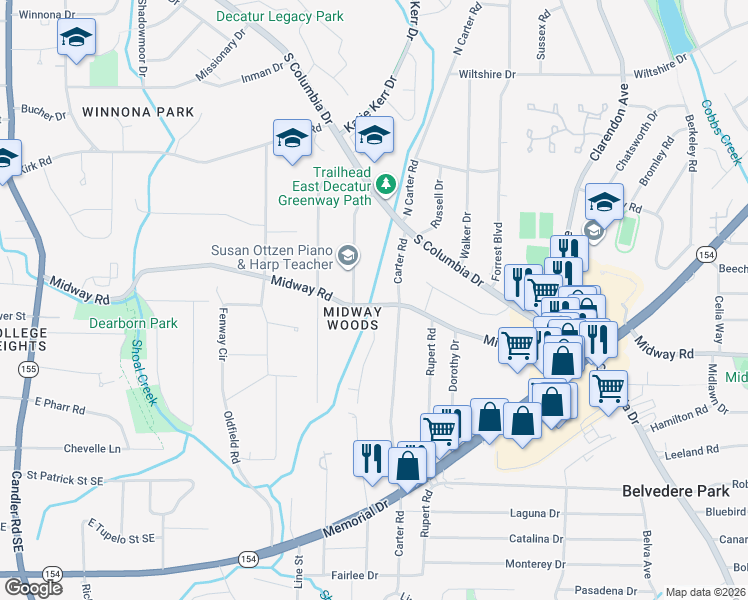 map of restaurants, bars, coffee shops, grocery stores, and more near 2748 Midway Road in Decatur