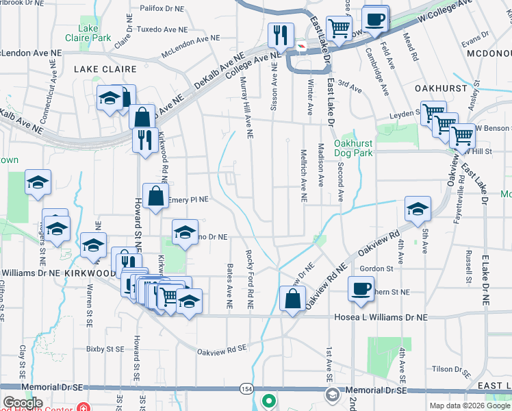 map of restaurants, bars, coffee shops, grocery stores, and more near 159 Murray Hill Avenue Northeast in Atlanta
