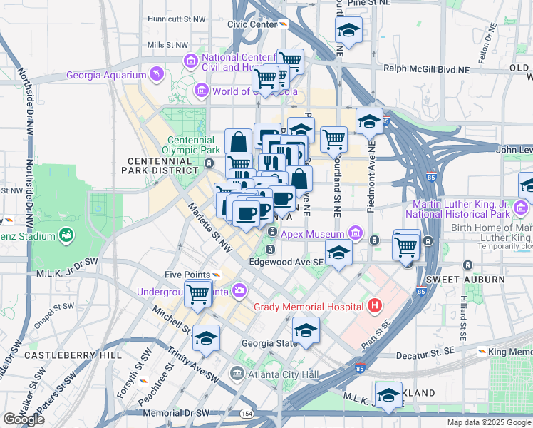 map of restaurants, bars, coffee shops, grocery stores, and more near 126 Carnegie Way Northwest in Atlanta