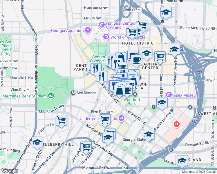 map of restaurants, bars, coffee shops, grocery stores, and more near 140 Walton Street Northwest in Atlanta