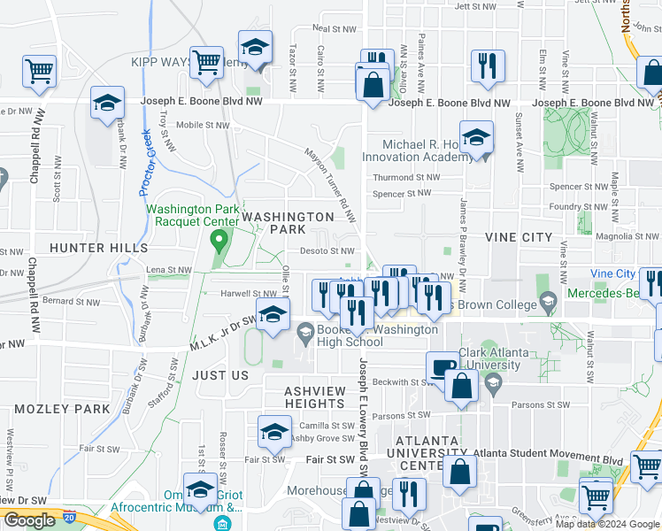 map of restaurants, bars, coffee shops, grocery stores, and more near 945 Desoto Street Northwest in Atlanta