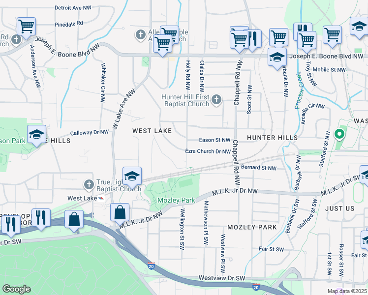 map of restaurants, bars, coffee shops, grocery stores, and more near 86 Holly Road Northwest in Atlanta