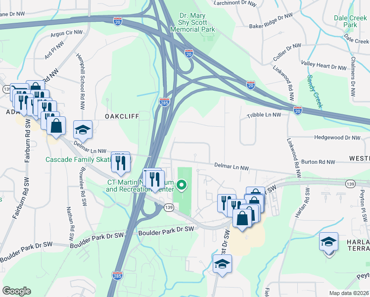 map of restaurants, bars, coffee shops, grocery stores, and more near 121 Delmoor Drive Northwest in Atlanta