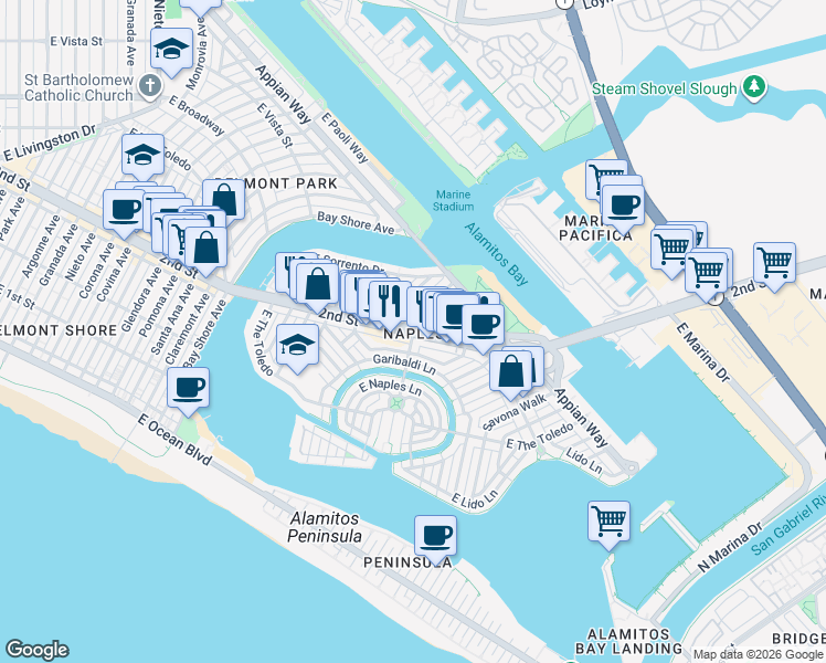 map of restaurants, bars, coffee shops, grocery stores, and more near East 2nd Street & Ravenna Drive in Long Beach