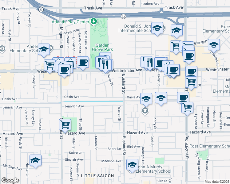 map of restaurants, bars, coffee shops, grocery stores, and more near 14172 Swan Street in Westminster