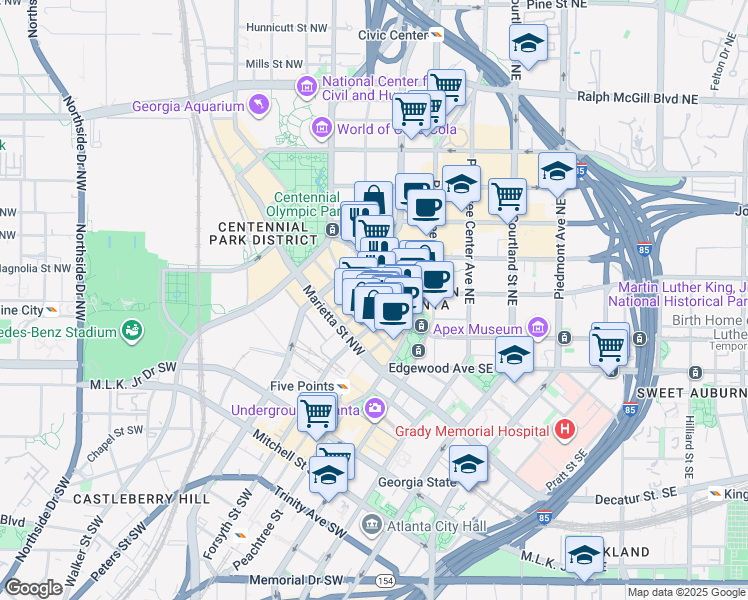 map of restaurants, bars, coffee shops, grocery stores, and more near Poplar Street Northwest in Atlanta