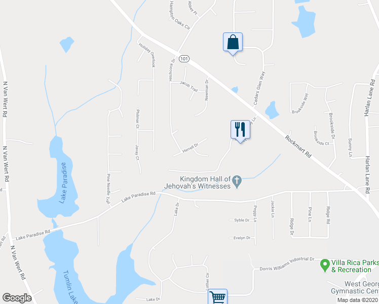 map of restaurants, bars, coffee shops, grocery stores, and more near 51 Herrell Drive in Villa Rica