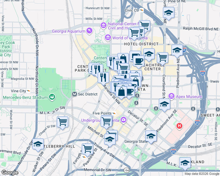map of restaurants, bars, coffee shops, grocery stores, and more near 101 Marietta Street NorthWest in Atlanta