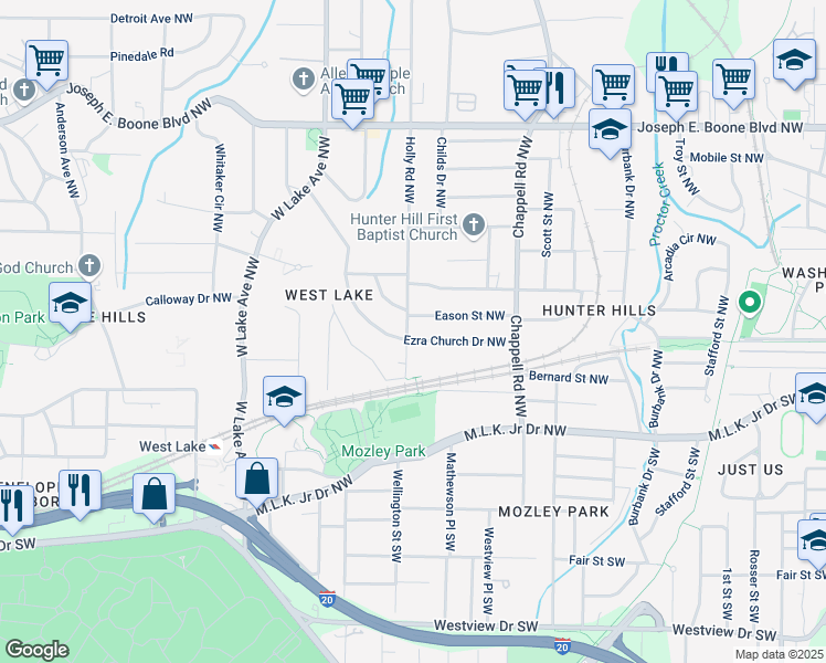 map of restaurants, bars, coffee shops, grocery stores, and more near 67 Holly Road Northwest in Atlanta