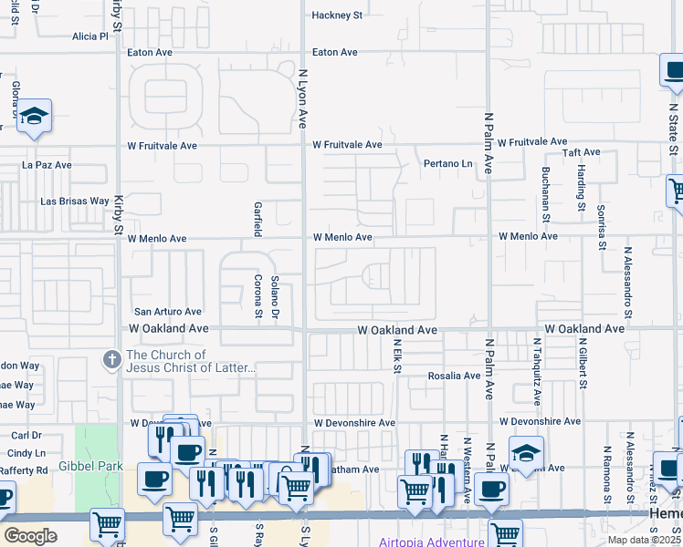 map of restaurants, bars, coffee shops, grocery stores, and more near 1550 San Vicente Drive in Hemet